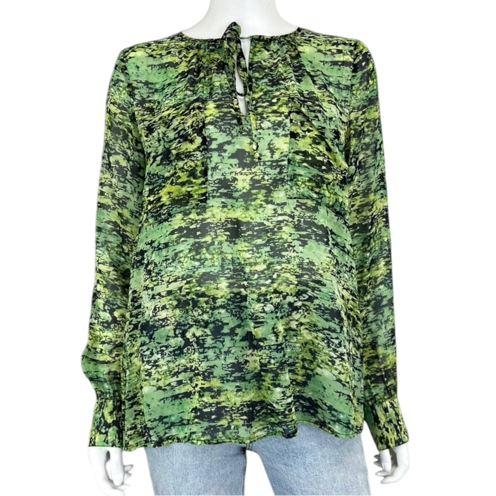 BCBGMAXAZRIA 100% Silk Green Printed Blouse Size M A0005